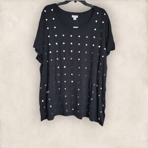 Avenue Black Short Sleeve Scoop Neckline Polka Dot Sequin Top Size 26/28